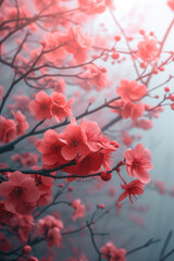 Red Cherry blossom branch with sakura flower in the mist fog vertical