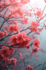 Foto op Plexiglas Red Cherry blossom branch with sakura flower in the mist fog vertical © Ema