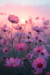 Colorful cosmos flowers in the mist and fog, vertical background