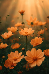 Orange cosmos flowers in the mist and fog, vertical background