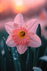 Pink daffodil flower in the mist and fog, vertical background