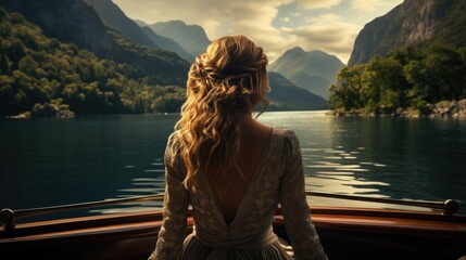 Woman Sitting in Boat on Lake With Mountains in Background