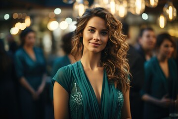 Obraz premium A beautiful woman in a green dress stands against the backdrop of a group of people at a gala reception.