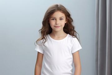 Fototapeta premium A little girl in a white T-shirt against a blue wall.