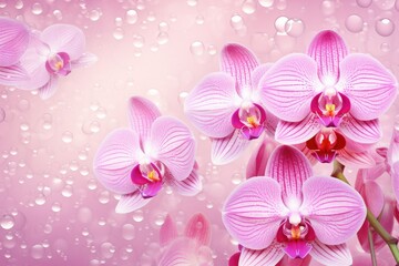 Bright pink orchids on a light background with drops of water.