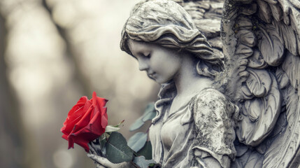 A sorrowful angel with downcast eyes holding a single red rose in their hand symbolizing the fleeting nature of life.