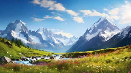 Panoramic view of the alps and meadows with flowers