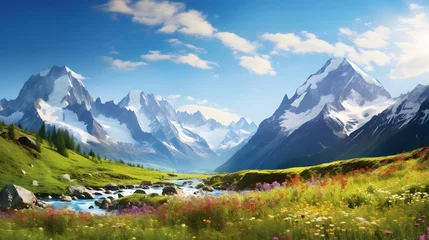 Foto auf Acrylglas Alpen Panoramic view of the alps and meadows with flowers