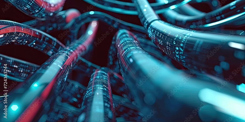 Poster wire cable tunnel with digital binary data transmitting.glowing data cables transferring information