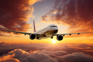 Fototapeta na wymiar Commercial Airplane Flying at Sunset Above the Clouds. Air Travel and Transportation Concept