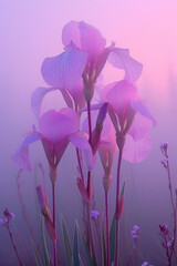 Obraz premium Purple iris flower in the mist and fog, vertical background