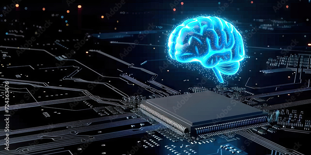 Poster glowing blue brain circuit on microchip on computer motherboard. for big data processing, ai trading