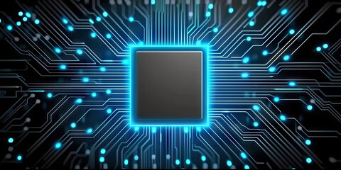 Obraz premium Abstract blue glowing prosesor circuit board background with copy space at center for your text, logo or products. Perfect for Artificial Intelligence, Technology, Crypto Currency concept