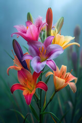 Colourful lily flower in the mist and fog, vertical background