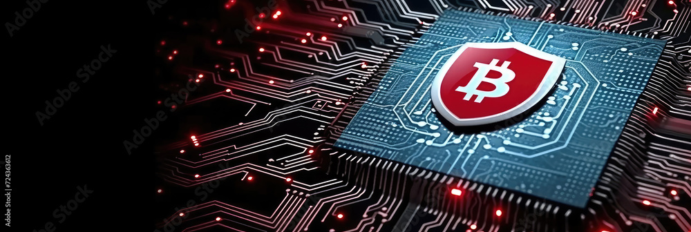 Poster red shield logo on microchip with glow circuit board background. concept of business security. corpo