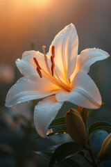 White lily flower blossom in the mist and fog, vertical background