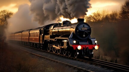 Naklejka premium Amidst a rolling blanket of fog, a steam engine emerges, its polished metal gleaming in the soft light as it slowly makes its way along the tracks.