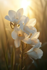 Fototapeta premium White orchid flower blossom in the mist and fog, vertical background
