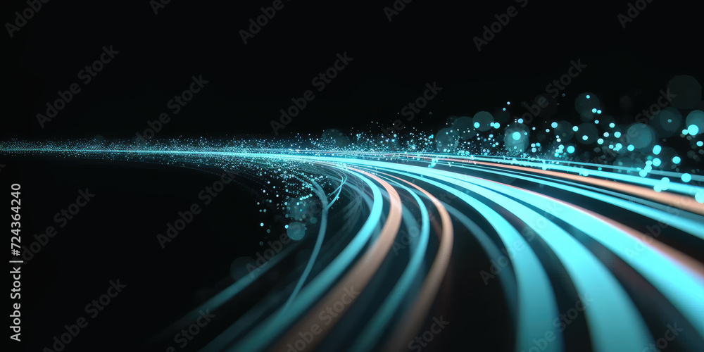Poster 3d abstract fast moving lines. high speed motion blur. curved blue and red light path trail with bok