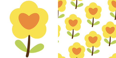 Hand drawn illustration of yellow flowers and seamless pattern with cute cartoon yellow flowers