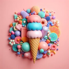 Colorful delicious ice cream in a cone on a pastel pink background. Tasty dessert food concept in minimalism style. Realistic 3D render. Wide screen wallpaper, for design and banners.