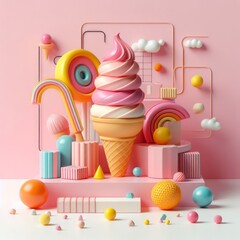 Colorful delicious ice cream in a cone on a pastel pink background. Tasty dessert food concept in minimalism style. Realistic 3D render. Wide screen wallpaper, for design and banners.