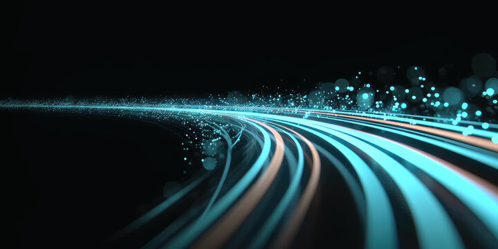  3d abstract fast moving lines. High speed motion blur. curved blue and red light path trail with bokeh blur effect. , The concept of technology and information data transfer. Abstract digital