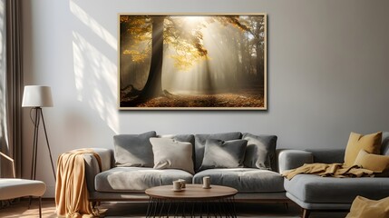 Panorama of modern living room with grey sofa, coffee table and picture on wall