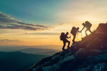Group of hikers team with backpacks helping each other hike up a mountain. Adventurous lifestyle. Teamwork concept. - obrazy, fototapety, plakaty
