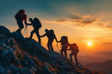 Group of hikers team with backpacks helping each other hike up a mountain. Adventurous lifestyle. Teamwork concept. - obrazy, fototapety, plakaty