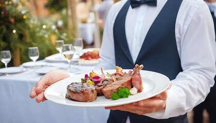 Obraz na płótnie Canvas waiter serving food at restaurant