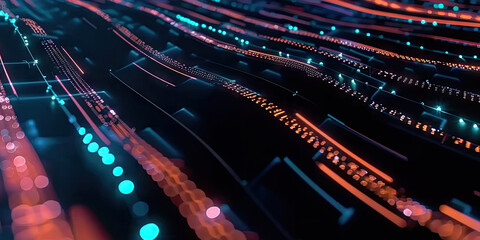 3d abstract fast moving lines. High speed motion blur. curved blue and red light path trail with bokeh blur effect. , The concept of technology and information data transfer. Abstract digital - obrazy, fototapety, plakaty