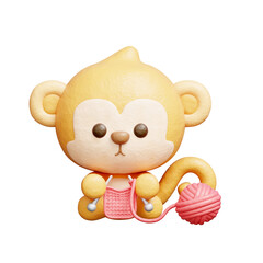 3D cute monkey knitting, Cartoon animal character, 3D rendering.