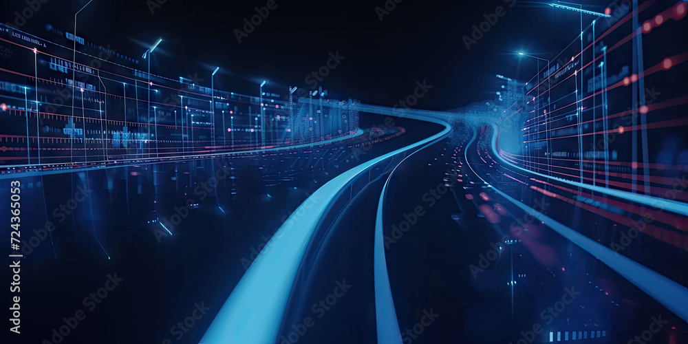 Poster 3d abstract fast moving lines. high speed motion blur. curved blue and red light path trail with bok