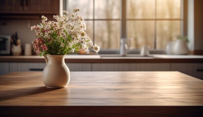 Fototapeta na wymiar Spring bouquet on kitchen table with view of countryside landscape.