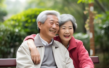 Elderly Asian couple relaxing in garden