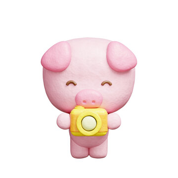 3D cute pig holding camera, Cartoon animal character, 3D rendering.