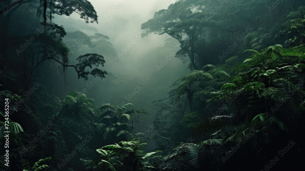 Poster the deep greens and earthy browns of the rainforest are muted and obscured by the heavy fog, creatin