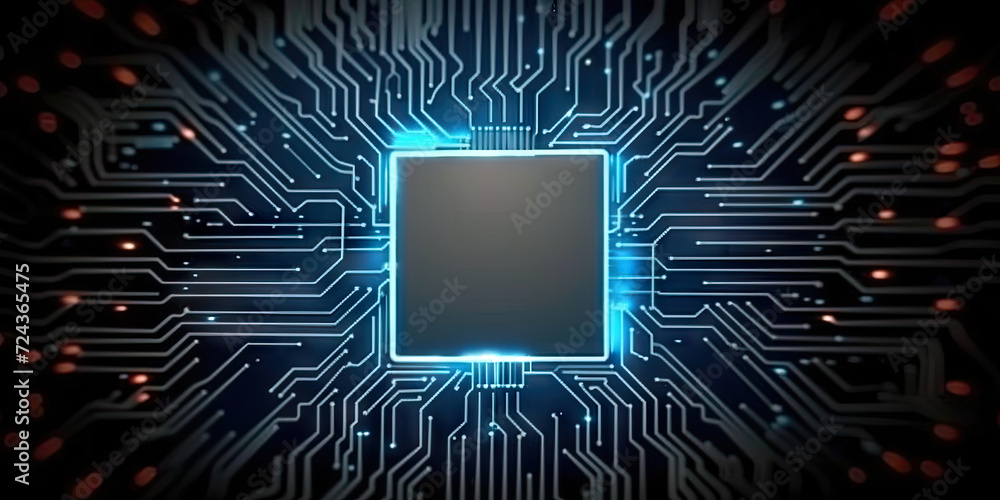 Poster abstract blue glowing prosesor circuit board background with copy space at center for your text, log