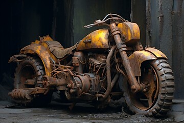 Old rusty motorcycle on the background of an abandoned coal mine,  Industrial background