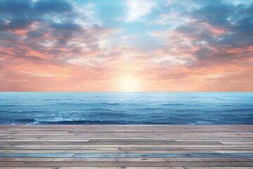 Wooden pier on the background of the sea and sky at sunset - obrazy, fototapety, plakaty