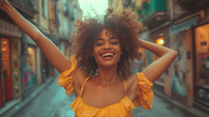 A young afro woman generated by artificial intelligence dances cheerfully on the street, representing urban lifestyle and youthful joy. - obrazy, fototapety, plakaty