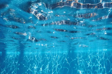 Underwater view of a swimming pool with sun reflections and ripples