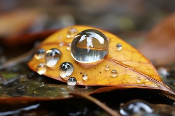 Water drops on a leaf after rain,  Shallow depth of field