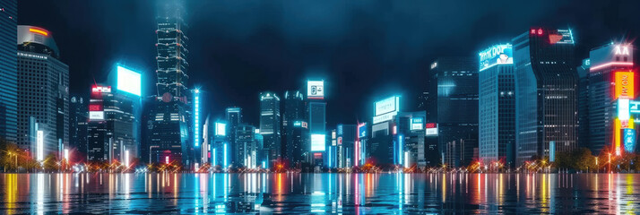  3d modern buildings in capital city with neon light reflection from puddles on street. Concept for night life, never sleep business district center , night cyberpunk city