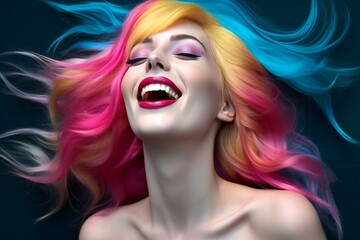 Portrait of a beautiful young woman with pink hair and colorful makeup