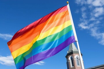 Flag of the LGBT community waving in the wind with a church in the background