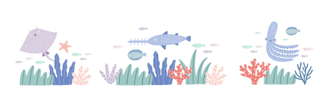  Cute cartoon undersea world. Deep Ocean or sea with fish, octopus, stingray, seashells, shark, stars, sea horse, aquatic plants. Vector border in flat style