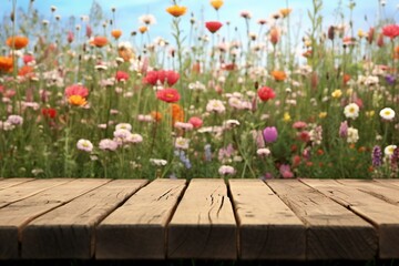 Wooden table in front of field of flowers,  Collage