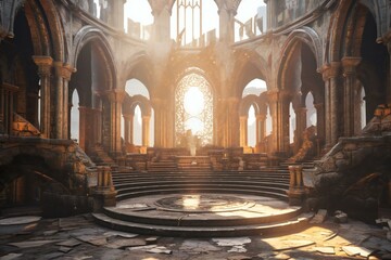 Mysterious hall of the ancient abbey - obrazy, fototapety, plakaty
